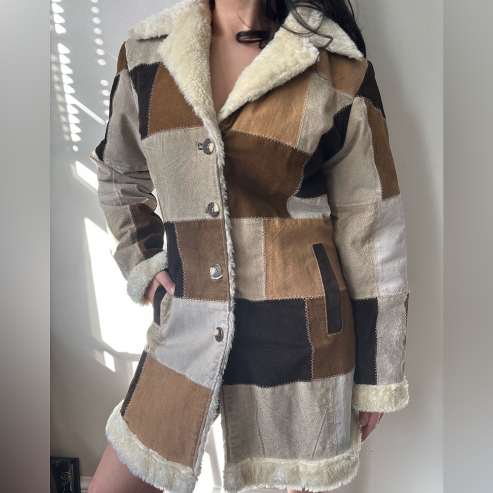 Y2K Tan Brown Suede Patchwork Jacket Leather Indi… - image 4